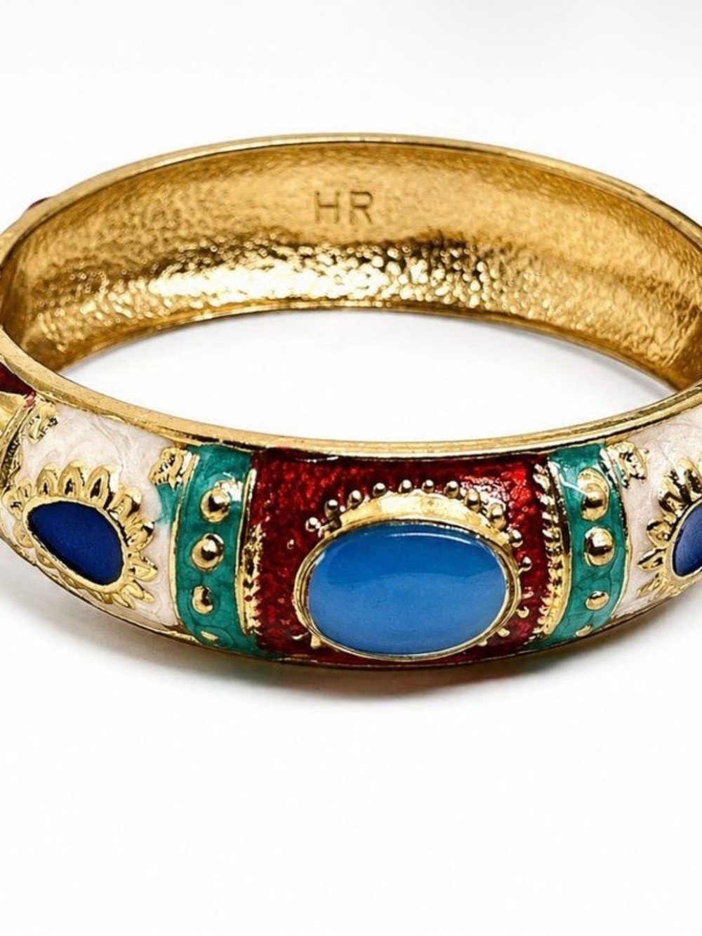 Gold-Tone Multicolor Enamel Bangle with Blue Cabochon